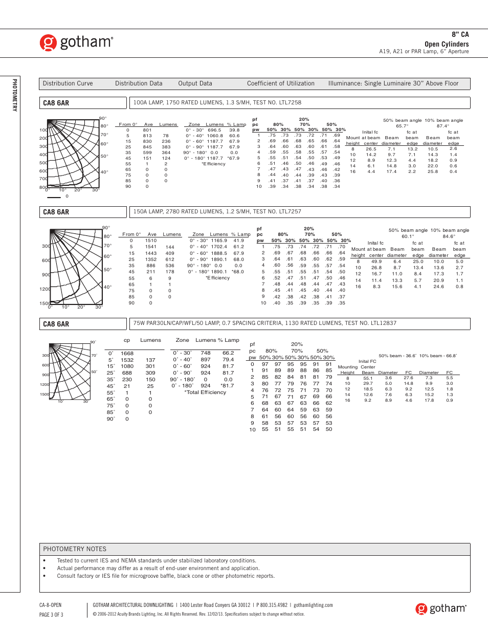 Ca8 6ar, 8” ca open cylinders | Gotham 8 CA Open Cylinders SpecSheet User Manual | Page 3 / 3