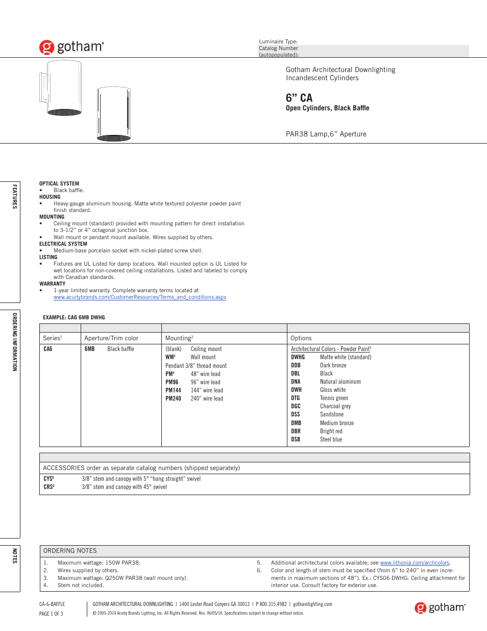 Gotham 6 CA Open Cylinders, Black Baffle SpecSheet User Manual | 3 pages