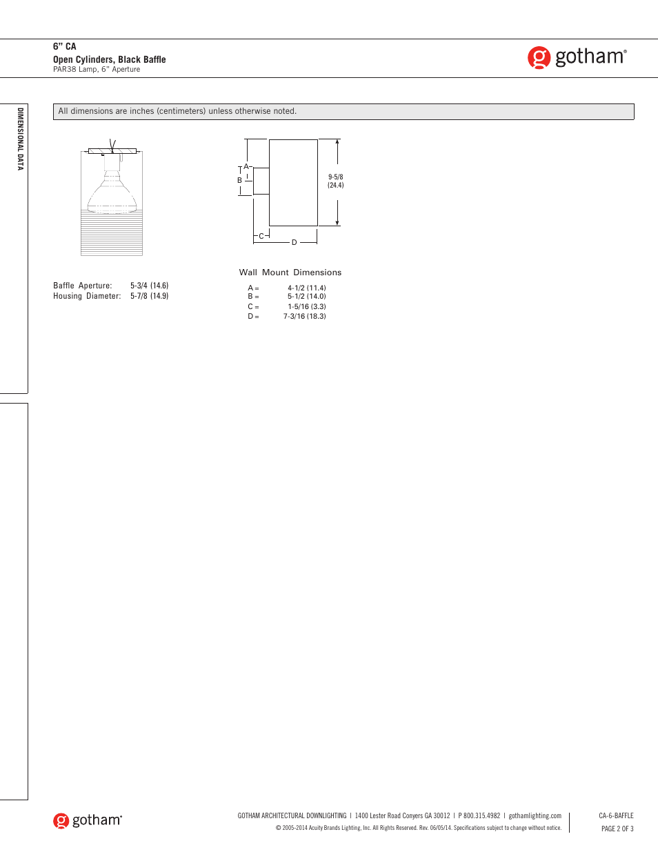 6” ca open cylinders, black baffle | Gotham 6 CA Open Cylinders, Black Baffle SpecSheet User Manual | Page 2 / 3