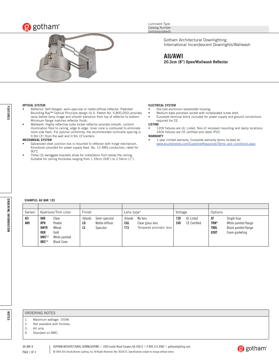 Gotham AII_AWI 20.3cm (8) Open_Wallwash Reflector SpecSheet User Manual | 3 pages