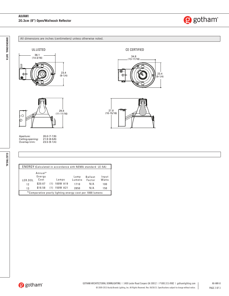 Gotham AII_AWI 20.3cm (8) Open_Wallwash Reflector SpecSheet User Manual | Page 2 / 3