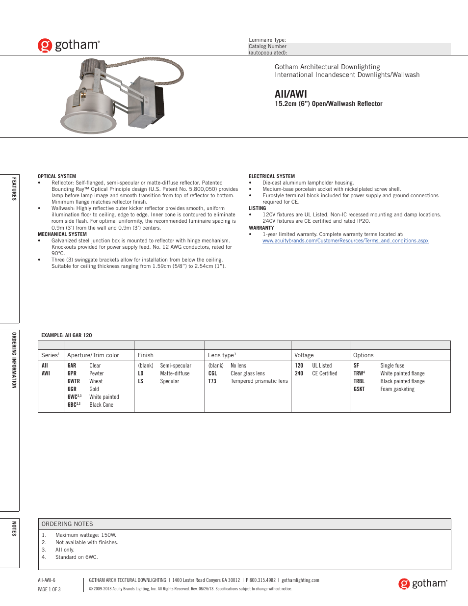 Gotham AII_AWI 15.2cm (6) Open_Wallwash Reflector SpecSheet User Manual | 3 pages