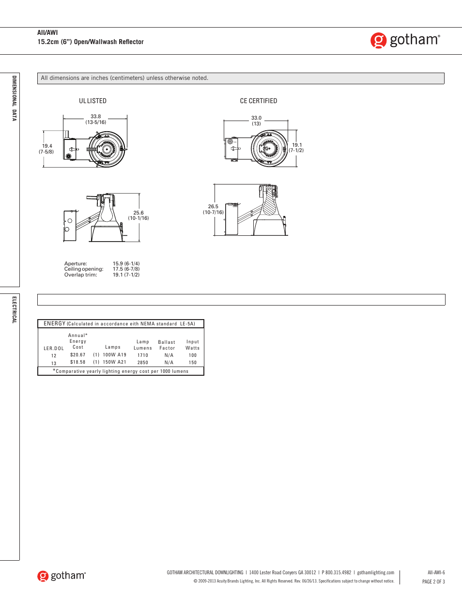 Aii/awi 15.2cm (6”) open/wallwash reflector, Ul listed, Ce certified | Gotham AII_AWI 15.2cm (6) Open_Wallwash Reflector SpecSheet User Manual | Page 2 / 3