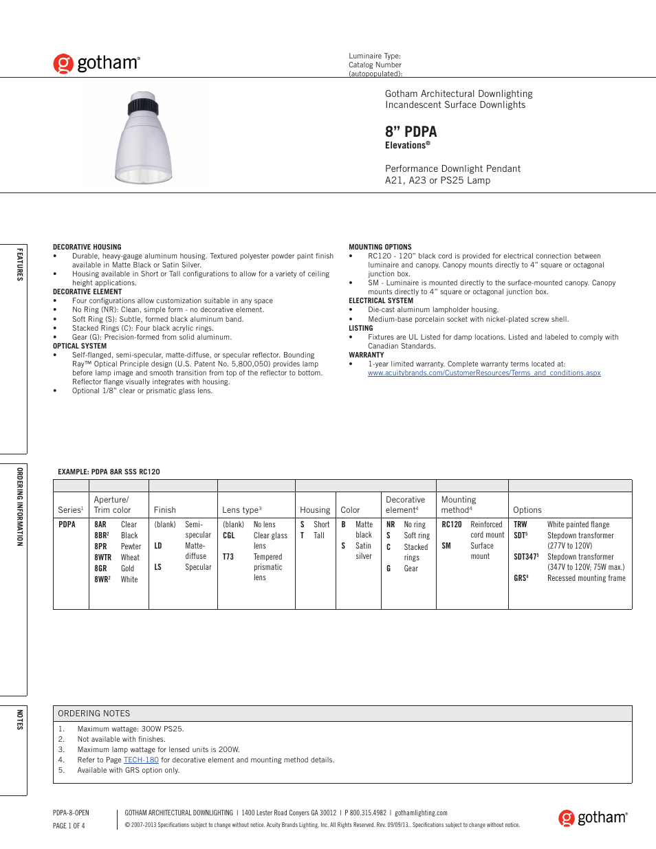 Gotham 8 PDPA Elevations SpecSheet User Manual | 4 pages