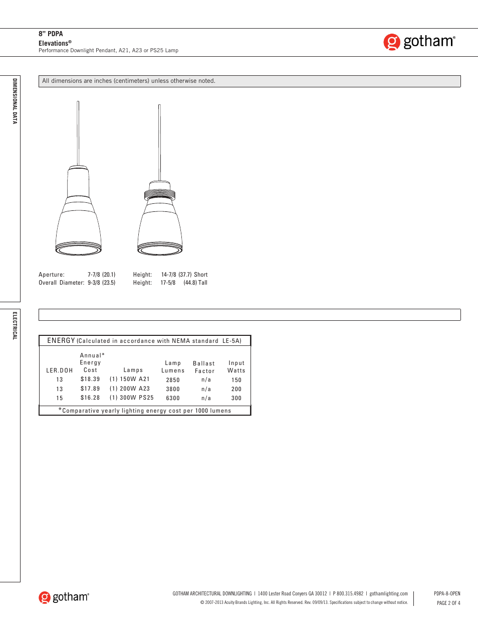 Gotham 8 PDPA Elevations SpecSheet User Manual | Page 2 / 4