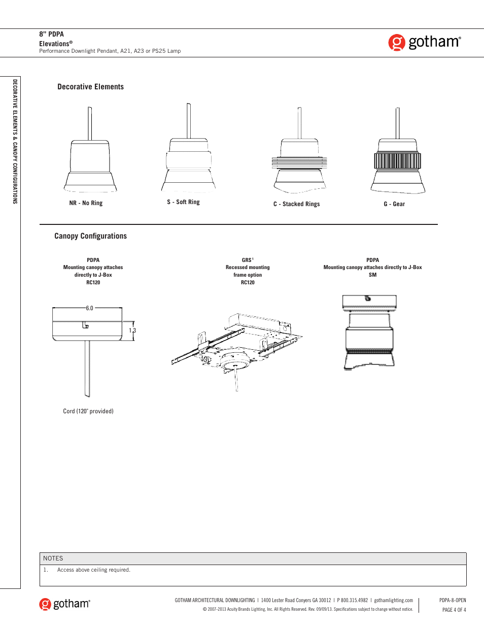 Canopy configurations, Decorative elements, 8” pdpa elevations | Gotham 8 PDPA Elevations SpecSheet User Manual | Page 4 / 4