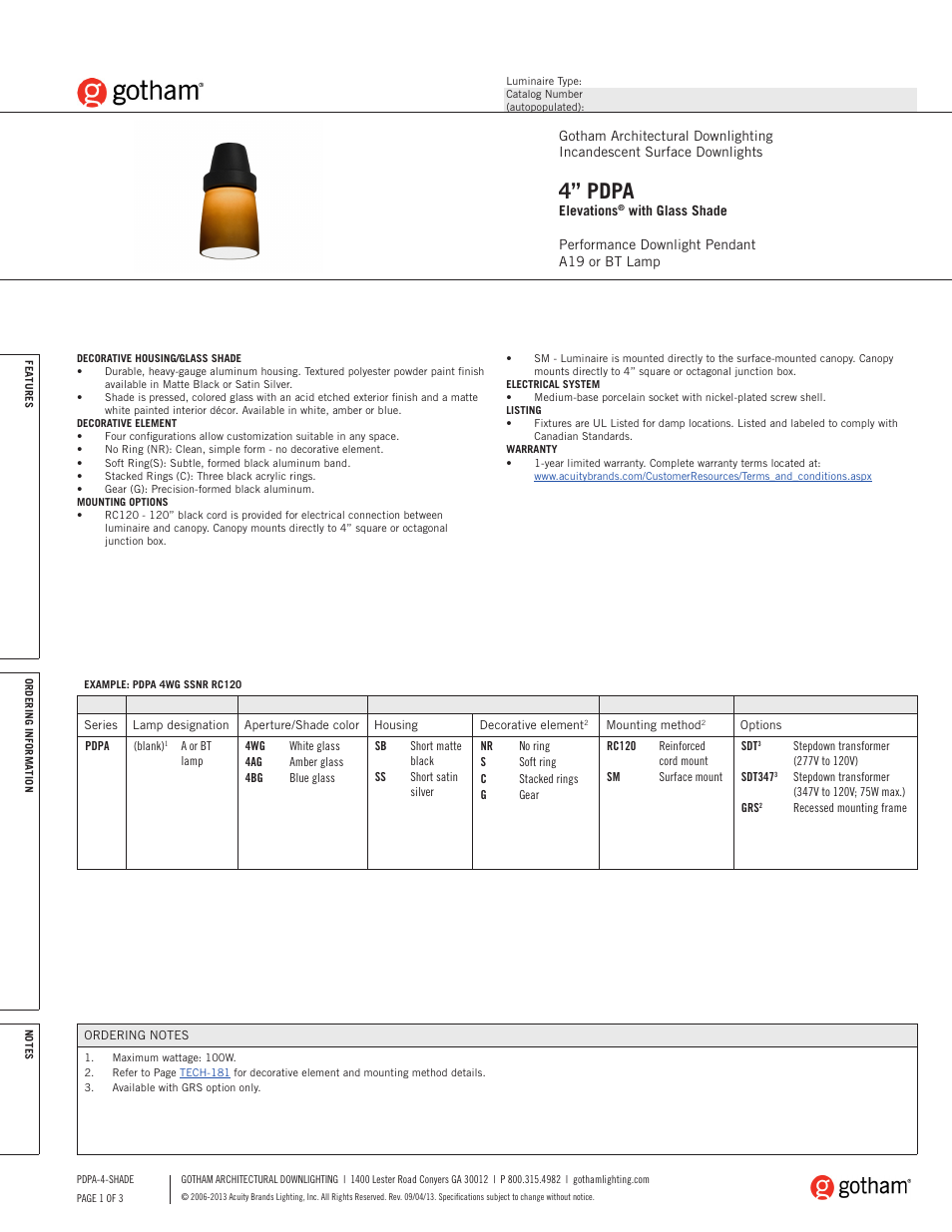 Gotham 4 PDPA Elevations with Glass Shade SpecSheet User Manual | 3 pages