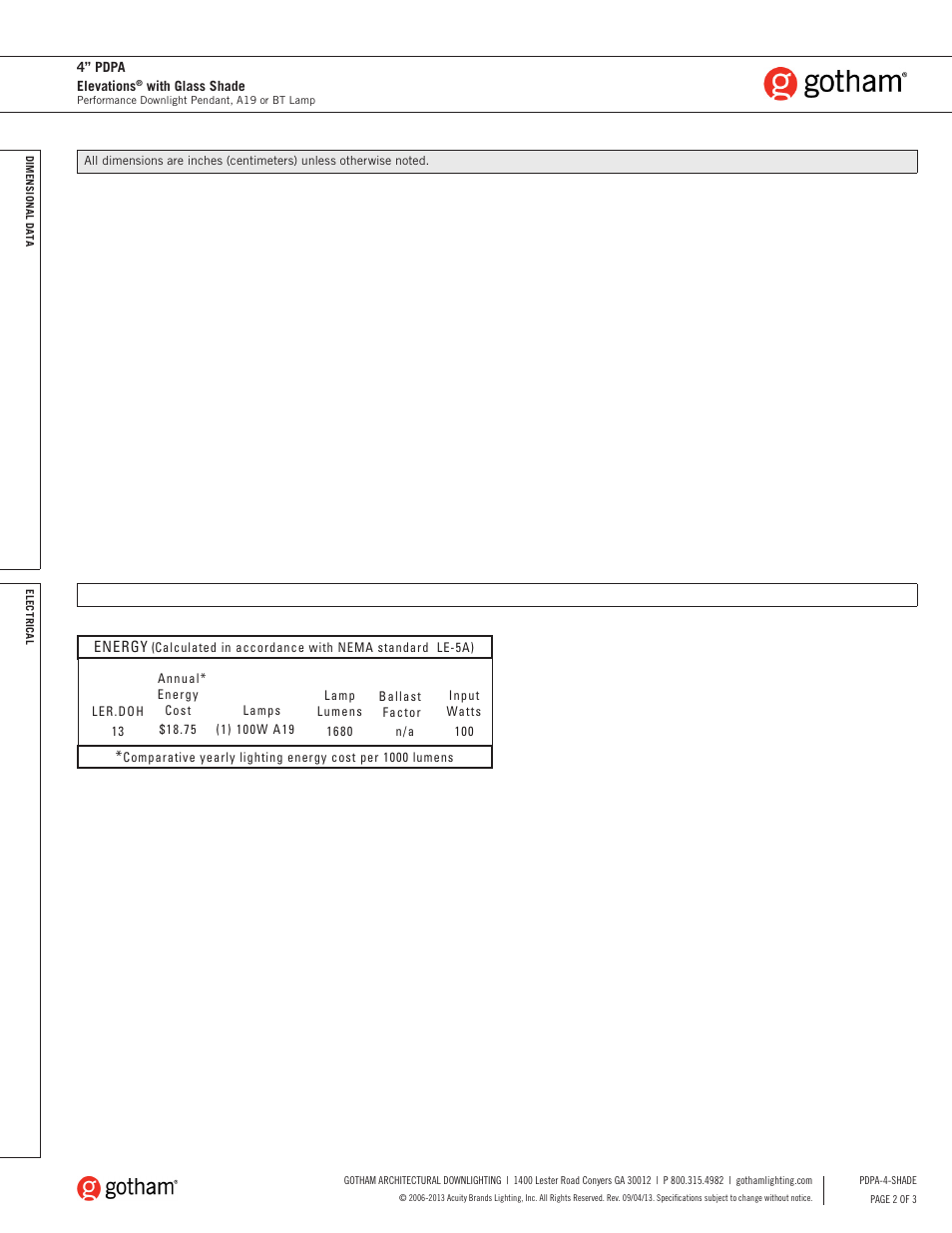 Gotham 4 PDPA Elevations with Glass Shade SpecSheet User Manual | Page 2 / 3