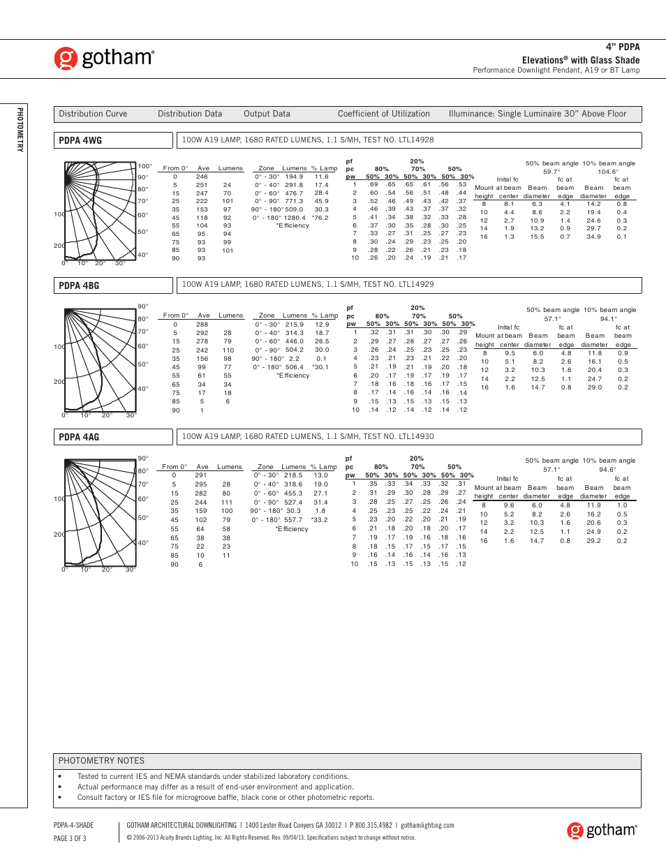 Pdpa 4wg, Pdpa 4bg, Pdpa 4ag | 4” pdpa elevations, With glass shade | Gotham 4 PDPA Elevations with Glass Shade SpecSheet User Manual | Page 3 / 3