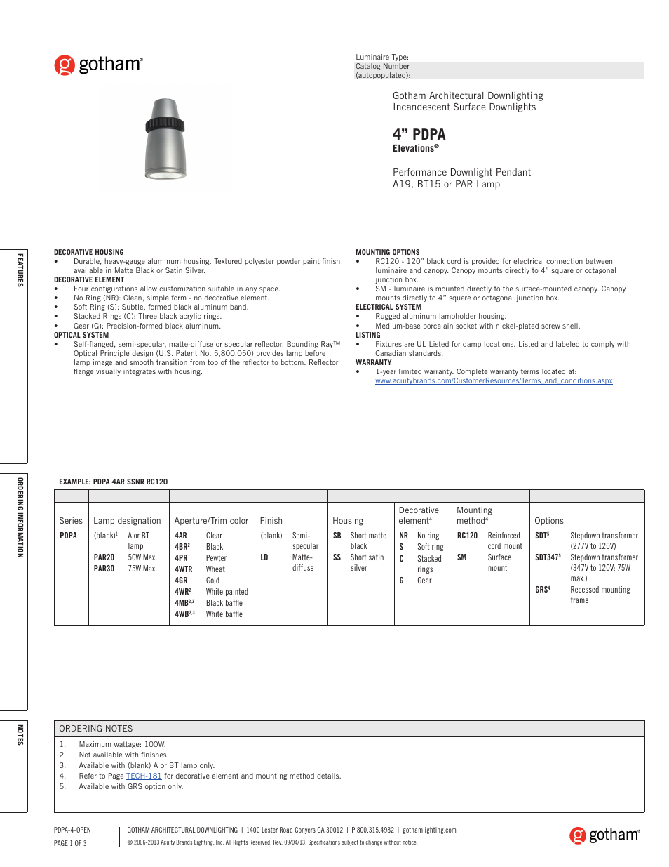 Gotham 4 PDPA Elevations SpecSheet User Manual | 3 pages