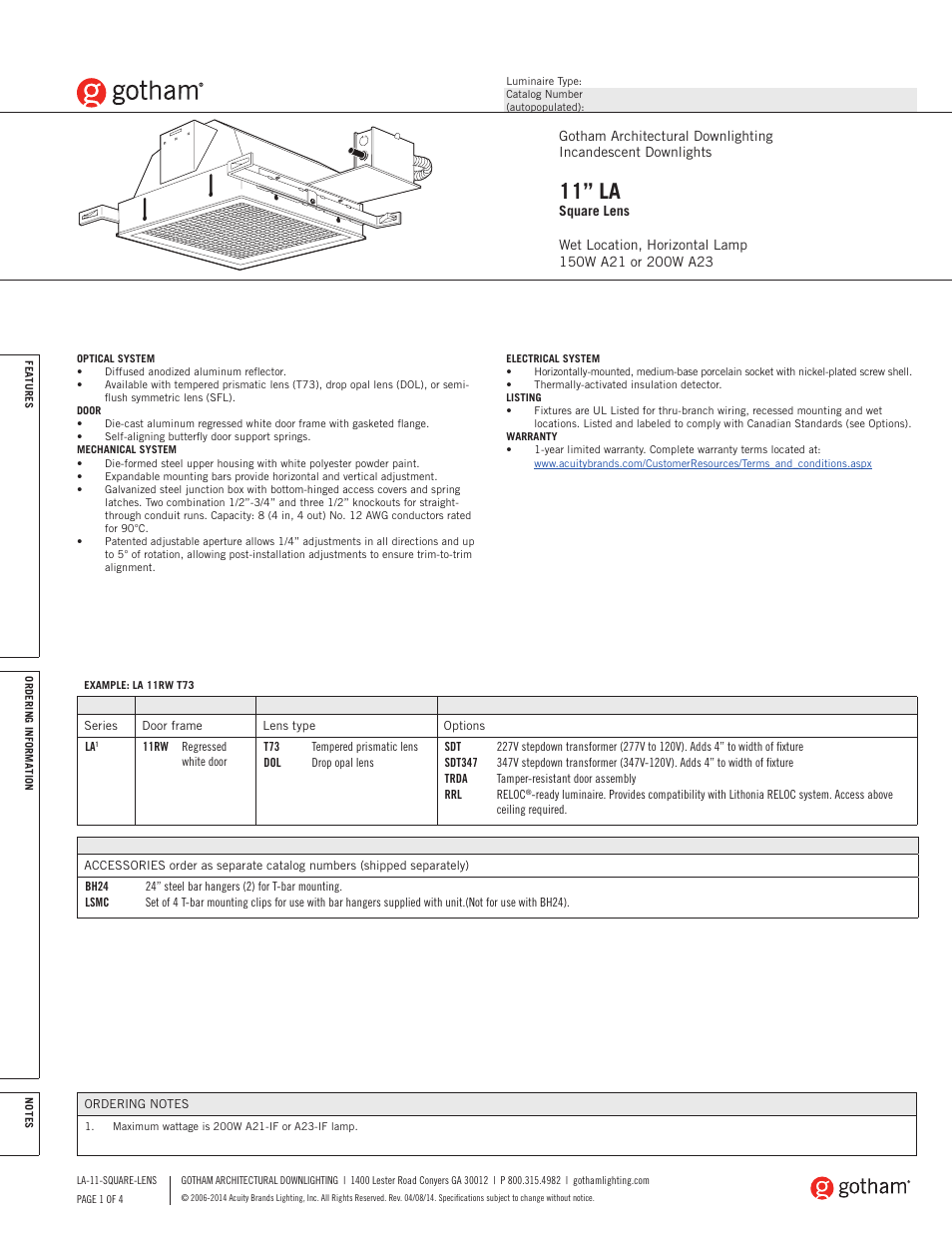 Gotham 11 LA Square Lens SpecSheet User Manual | 4 pages