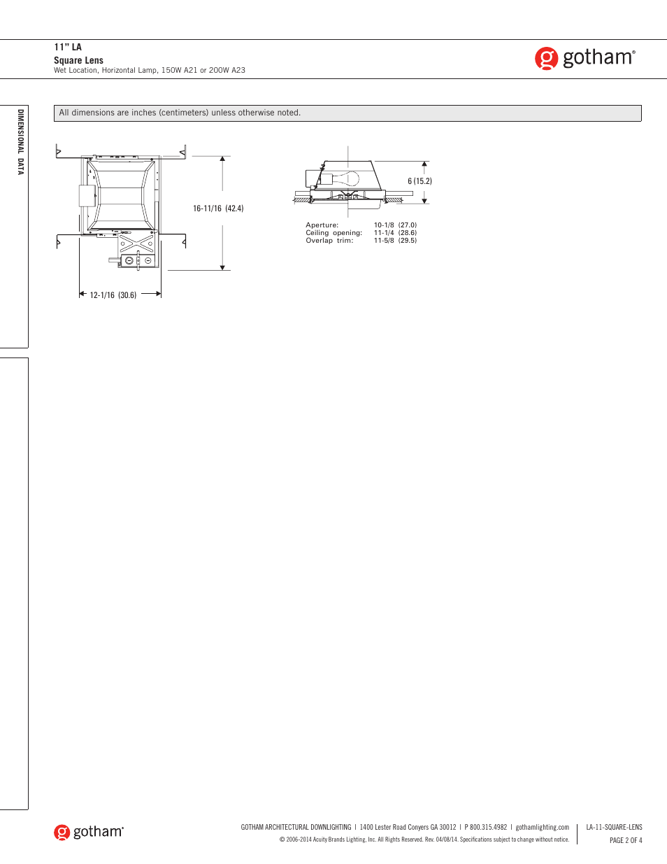 11” la square lens | Gotham 11 LA Square Lens SpecSheet User Manual | Page 2 / 4