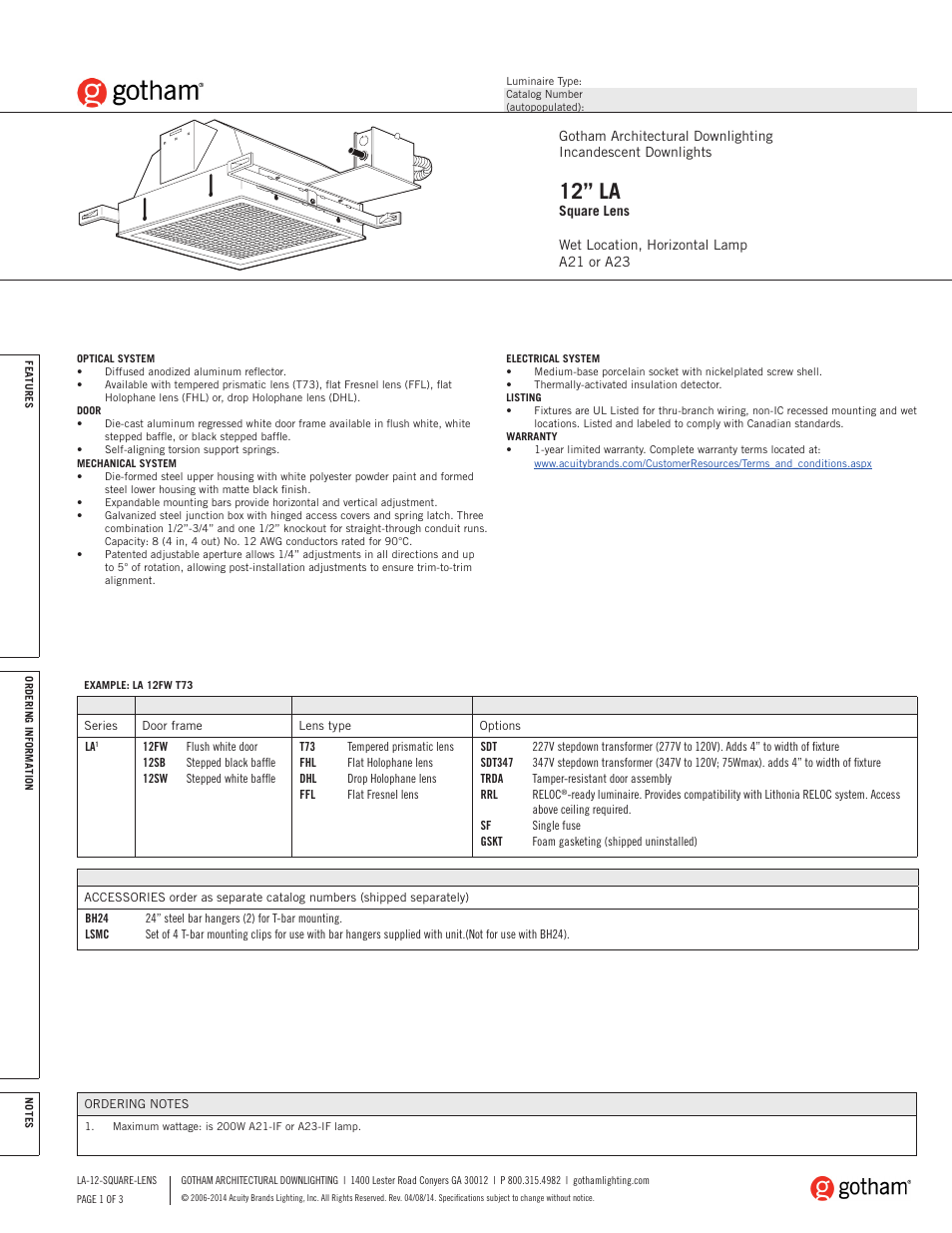 Gotham 12 LA Square Lens SpecSheet User Manual | 3 pages