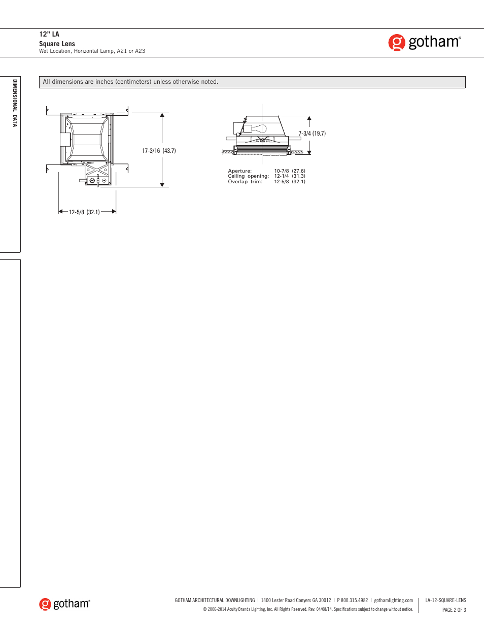 12” la square lens | Gotham 12 LA Square Lens SpecSheet User Manual | Page 2 / 3