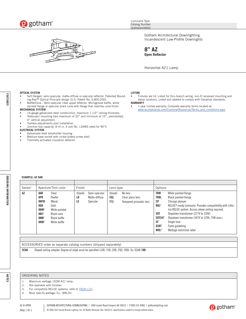 Gotham 8 AZ Open Reflector SpecSheet User Manual | 3 pages