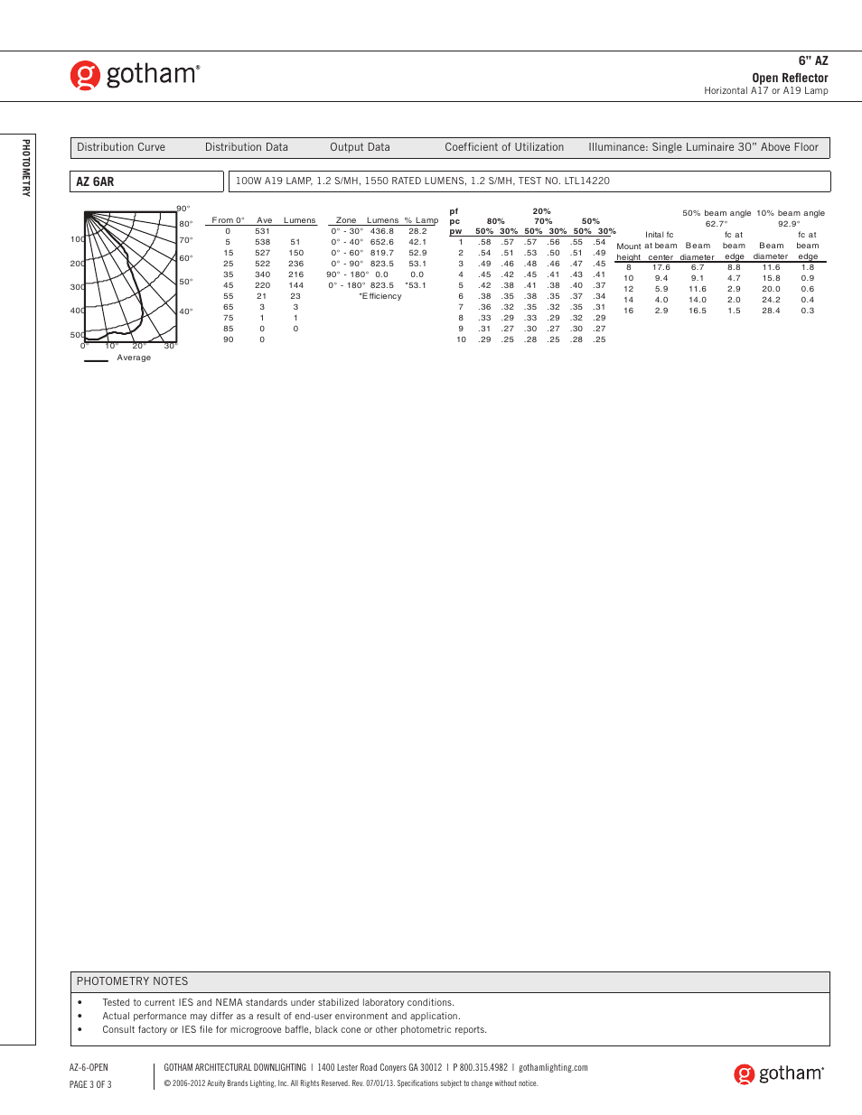 Az 6ar, 6” az open reflector | Gotham 6 AZ Open Reflector SpecSheet User Manual | Page 3 / 3