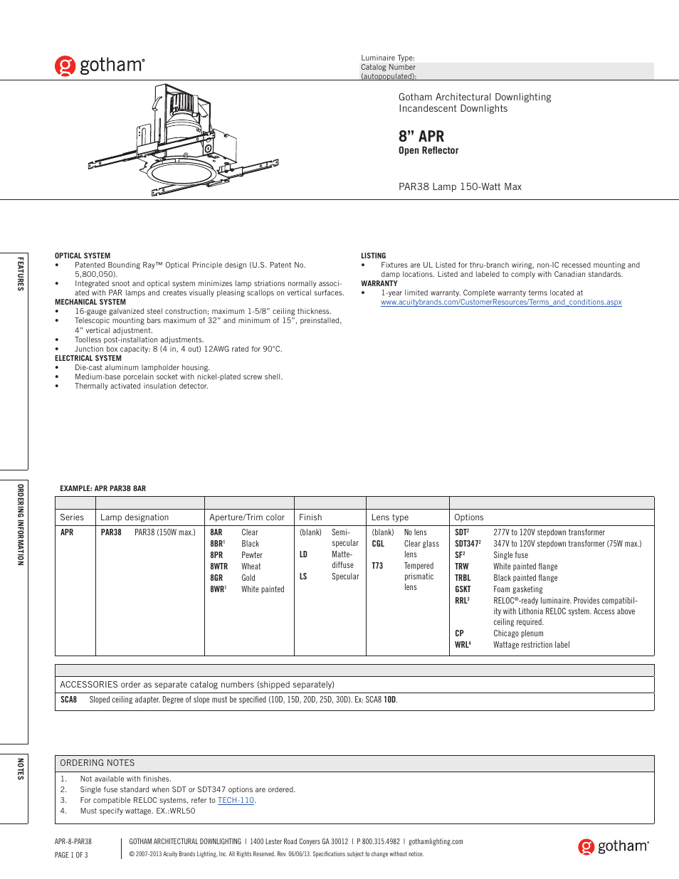 Gotham 8 APR Open Reflector PAR38 SpecSheet User Manual | 3 pages