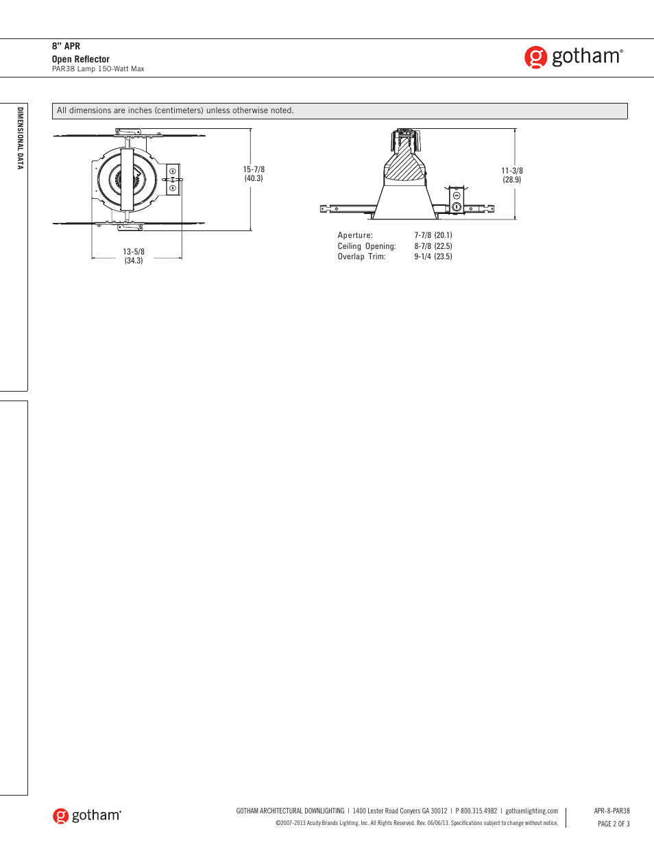 Gotham 8 APR Open Reflector PAR38 SpecSheet User Manual | Page 2 / 3