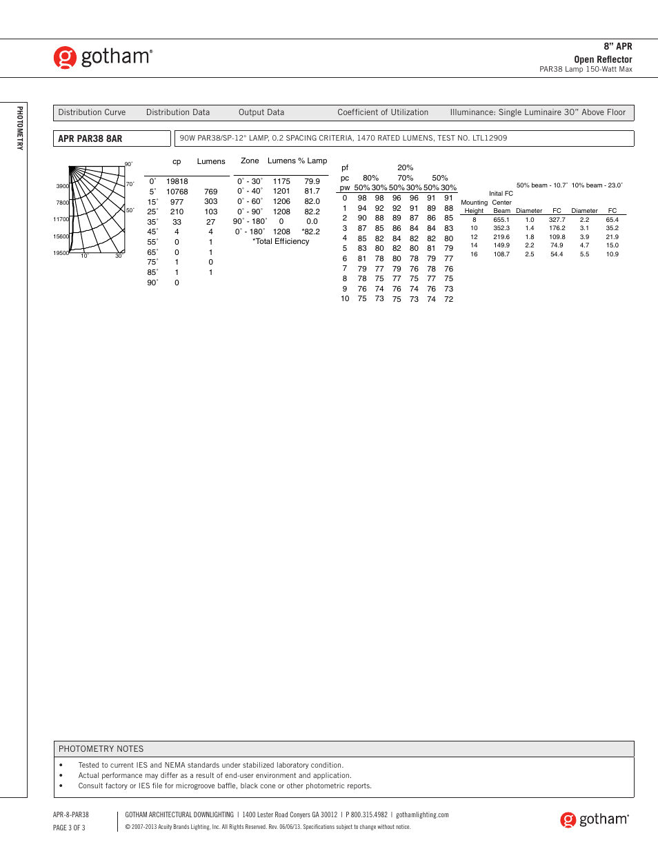 Apr par38 8ar, 8” apr open reflector | Gotham 8 APR Open Reflector PAR38 SpecSheet User Manual | Page 3 / 3