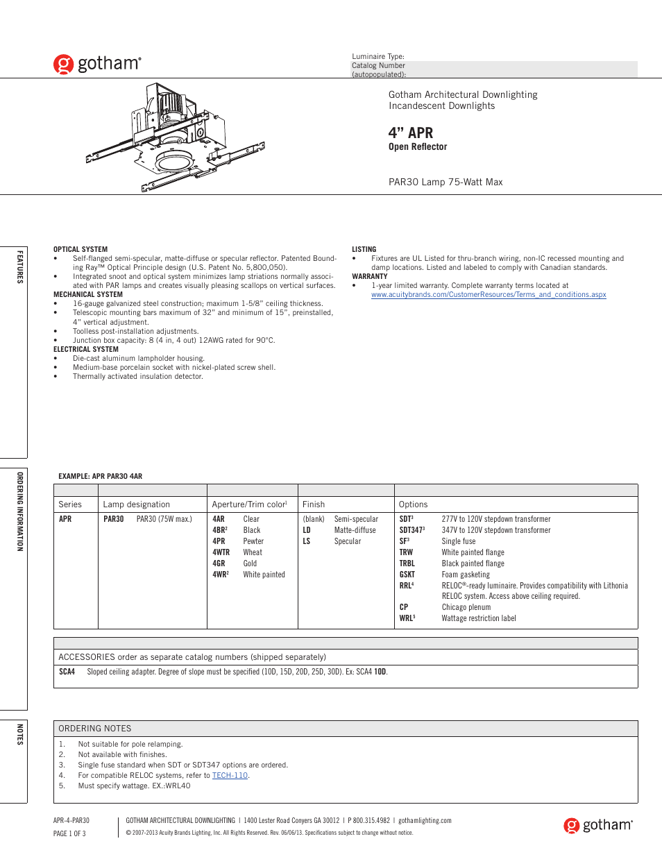 Gotham 4 APR Open Reflector PAR30 SpecSheet User Manual | 3 pages