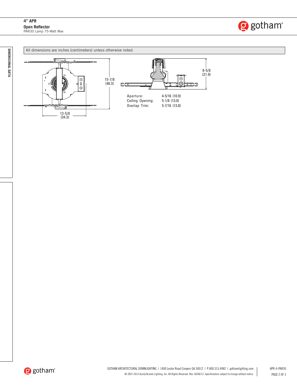 Gotham 4 APR Open Reflector PAR30 SpecSheet User Manual | Page 2 / 3