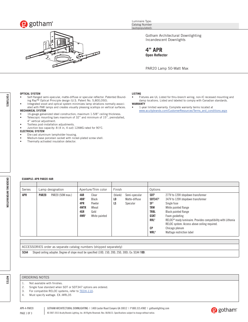 Gotham 4 APR Open Reflector PAR20 SpecSheet User Manual | 3 pages
