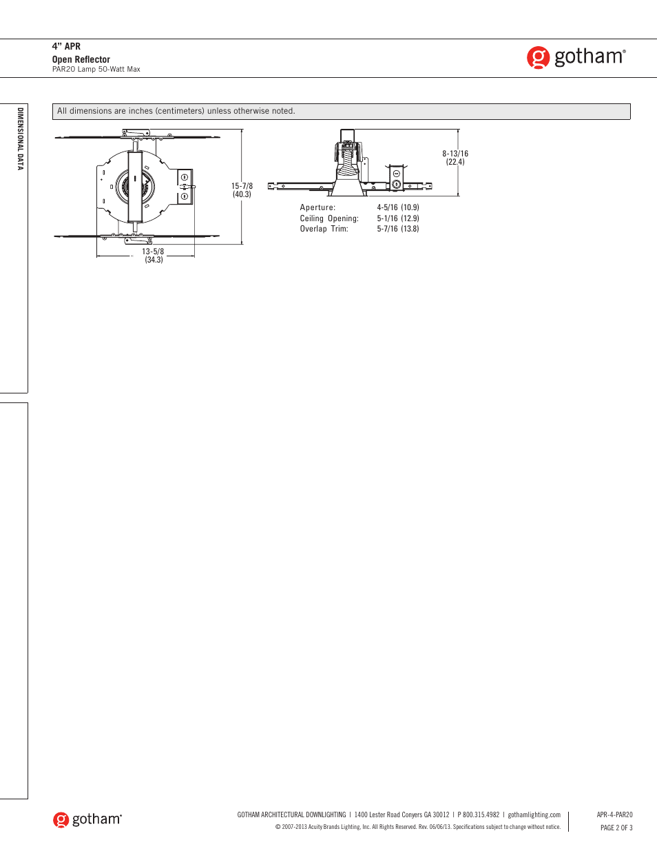 Gotham 4 APR Open Reflector PAR20 SpecSheet User Manual | Page 2 / 3