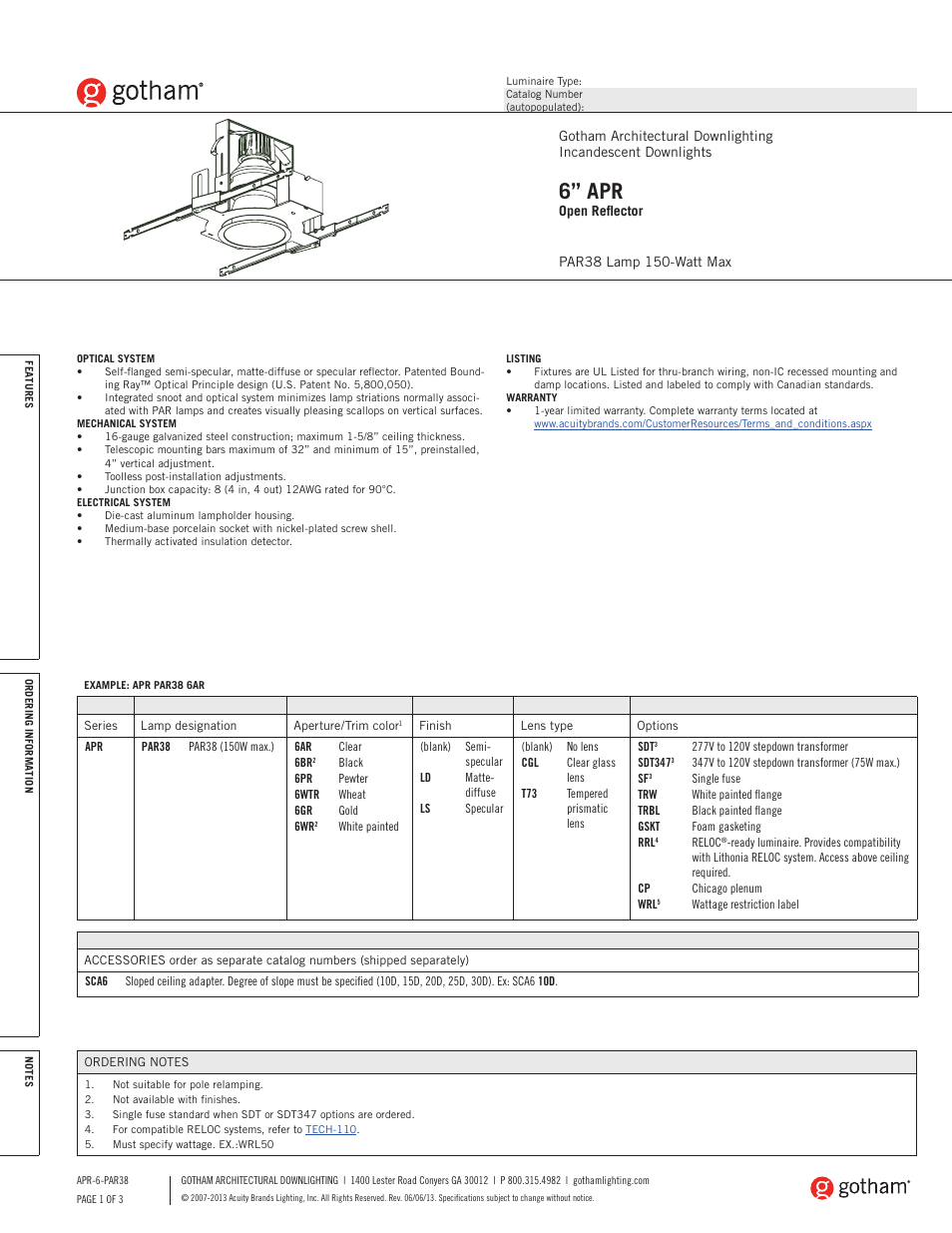 Gotham 6 APR Open Reflector PAR38 SpecSheet User Manual | 3 pages