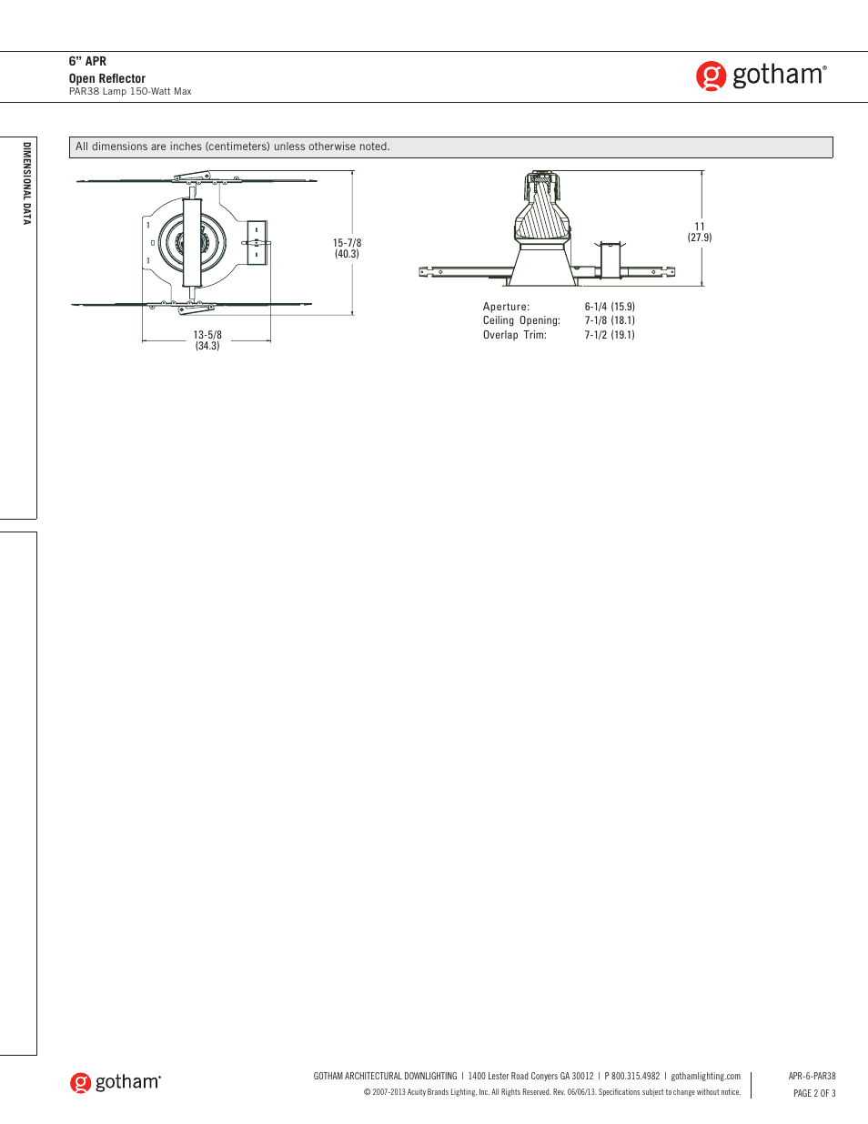 Gotham 6 APR Open Reflector PAR38 SpecSheet User Manual | Page 2 / 3