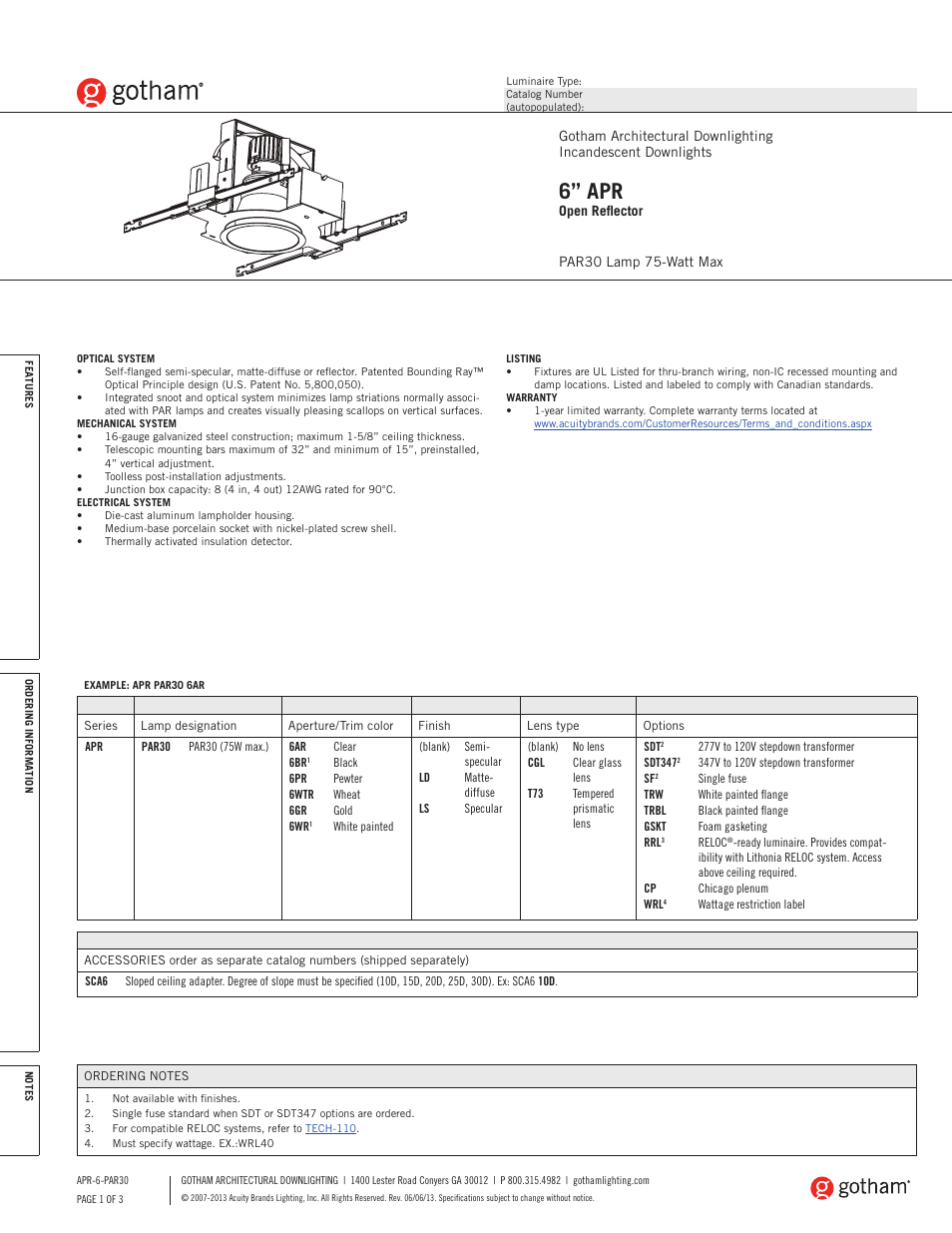 Gotham 6 APR Open Reflector PAR30 SpecSheet User Manual | 3 pages