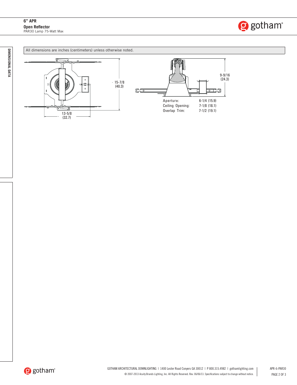 Gotham 6 APR Open Reflector PAR30 SpecSheet User Manual | Page 2 / 3