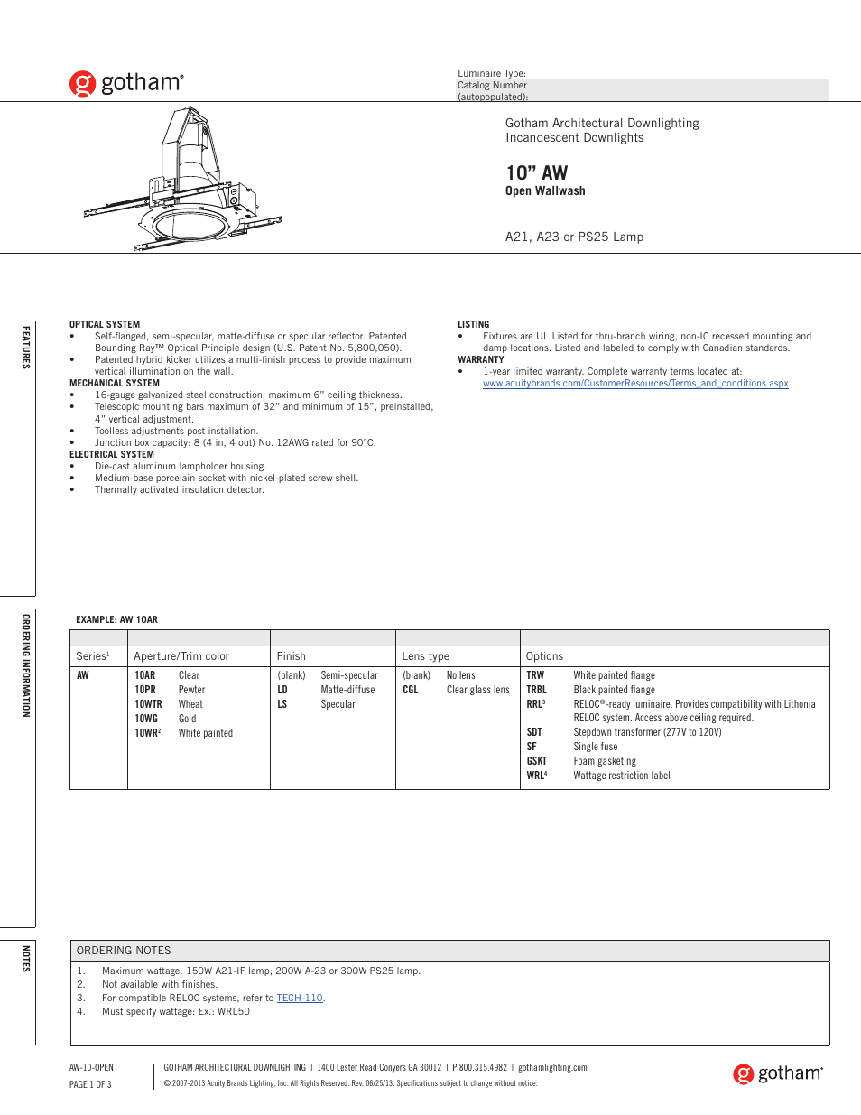 Gotham 10 AW Open Wallwash SpecSheet User Manual | 3 pages