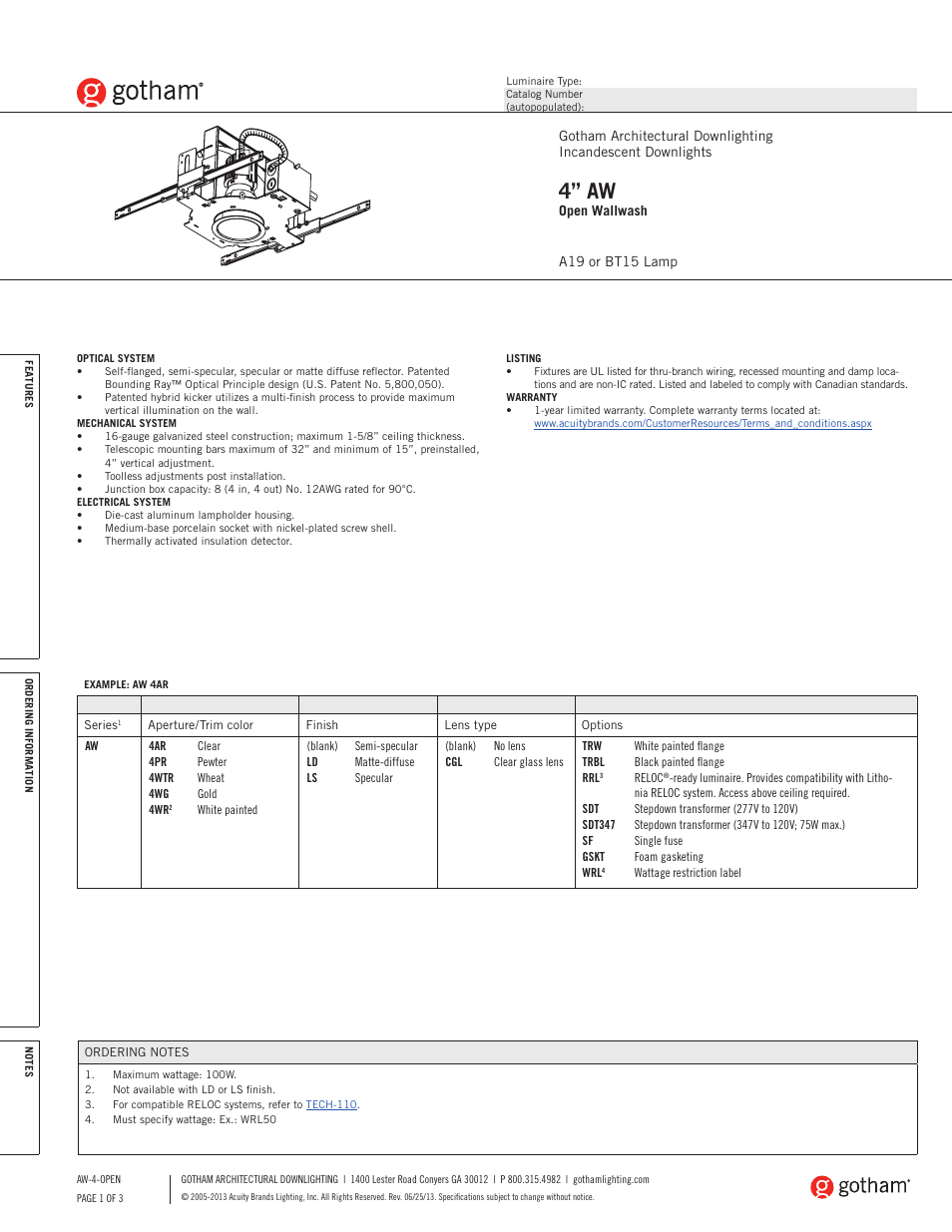 Gotham 4 AW Open Wallwash SpecSheet User Manual | 3 pages