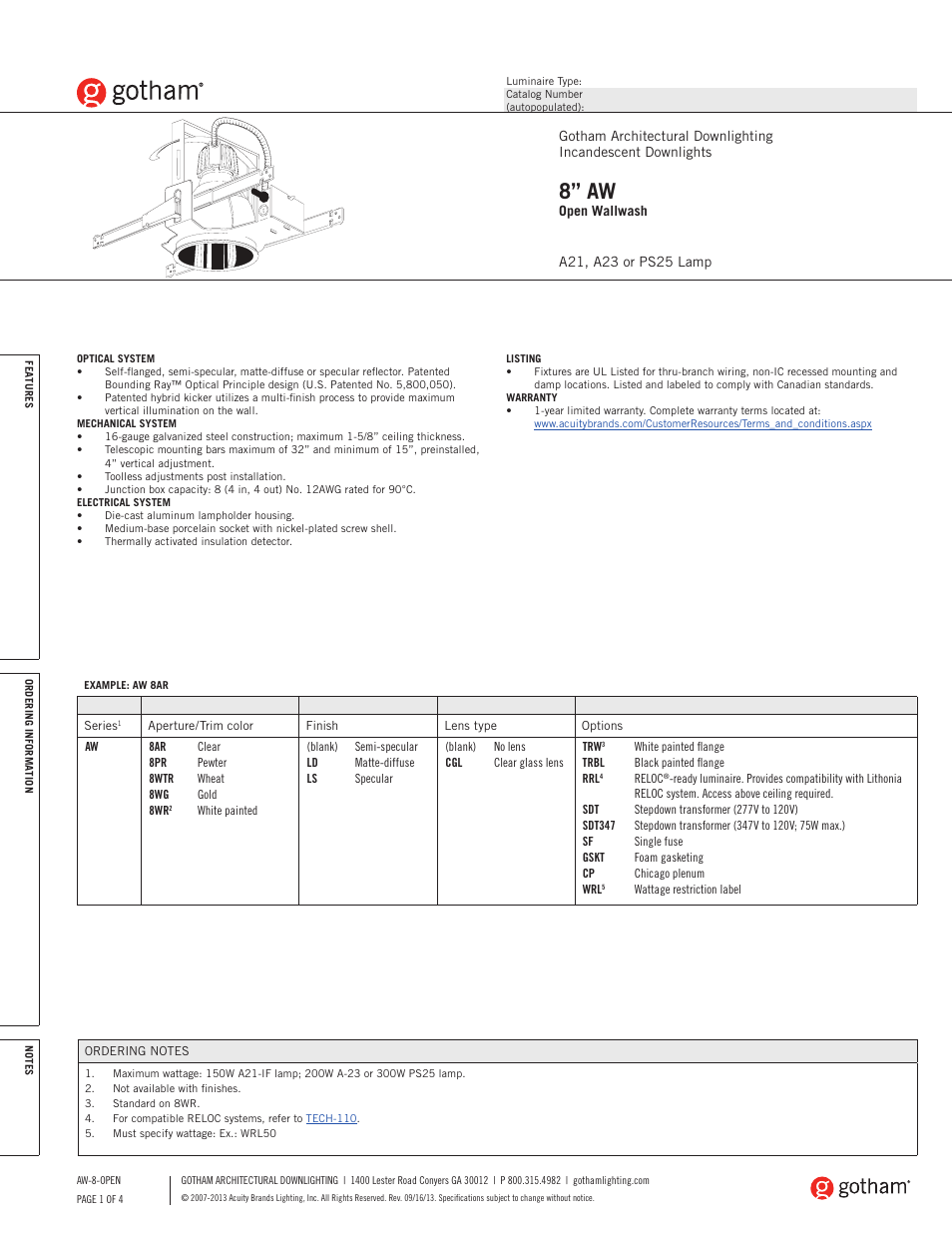 Gotham 8 AW Open Wallwash SpecSheet User Manual | 4 pages