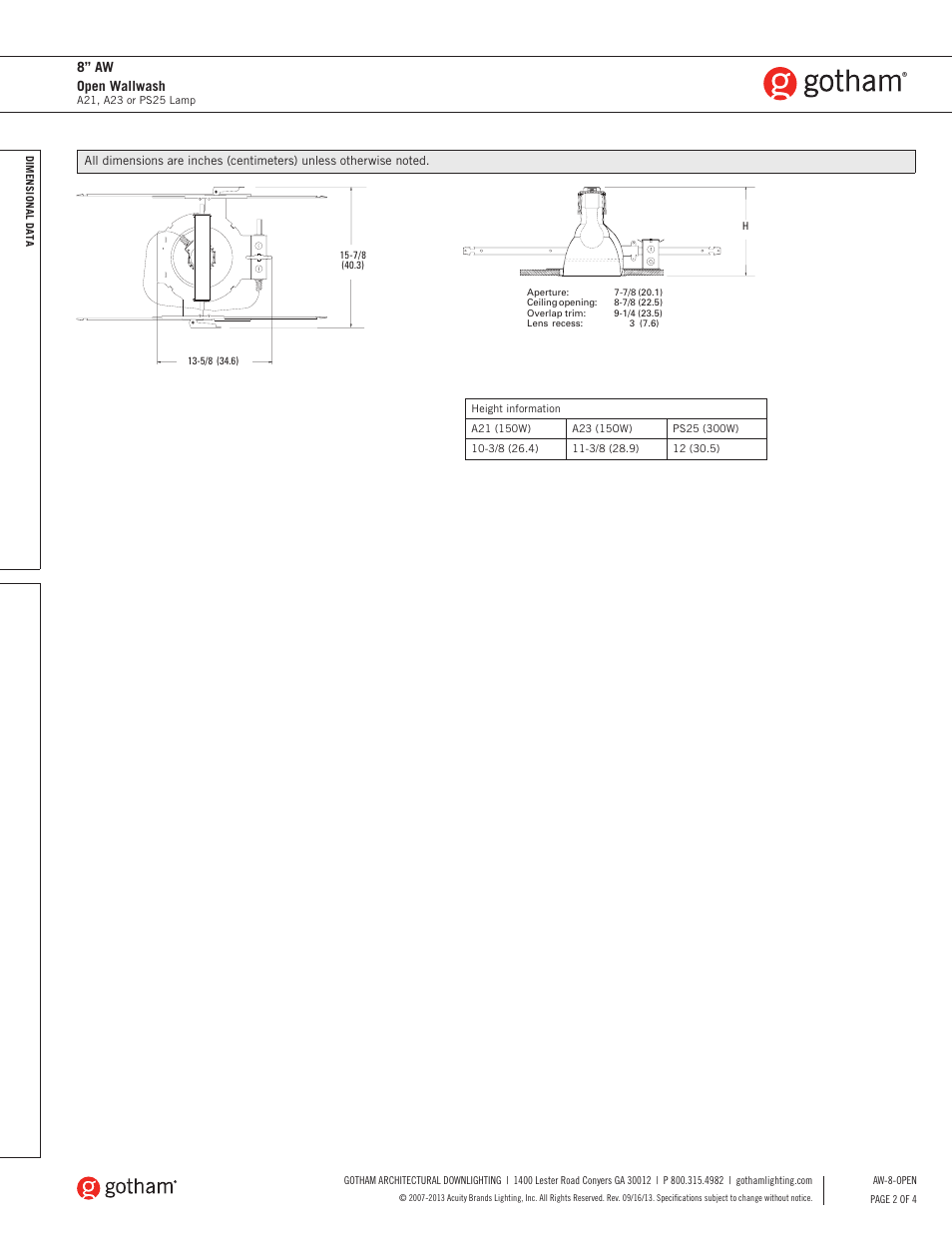 8” aw open wallwash | Gotham 8 AW Open Wallwash SpecSheet User Manual | Page 2 / 4