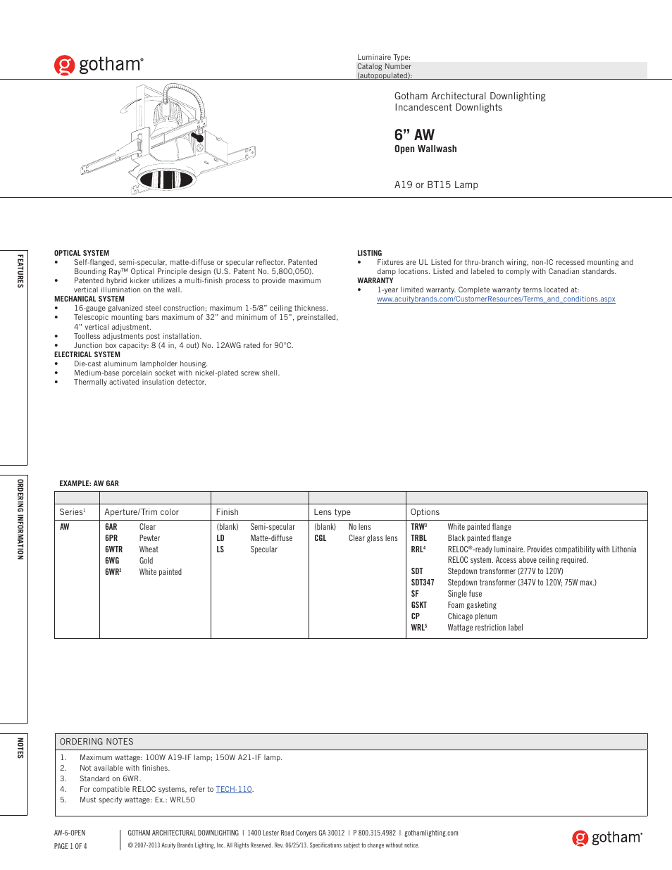 Gotham 6 AW Open Wallwash SpecSheet User Manual | 4 pages