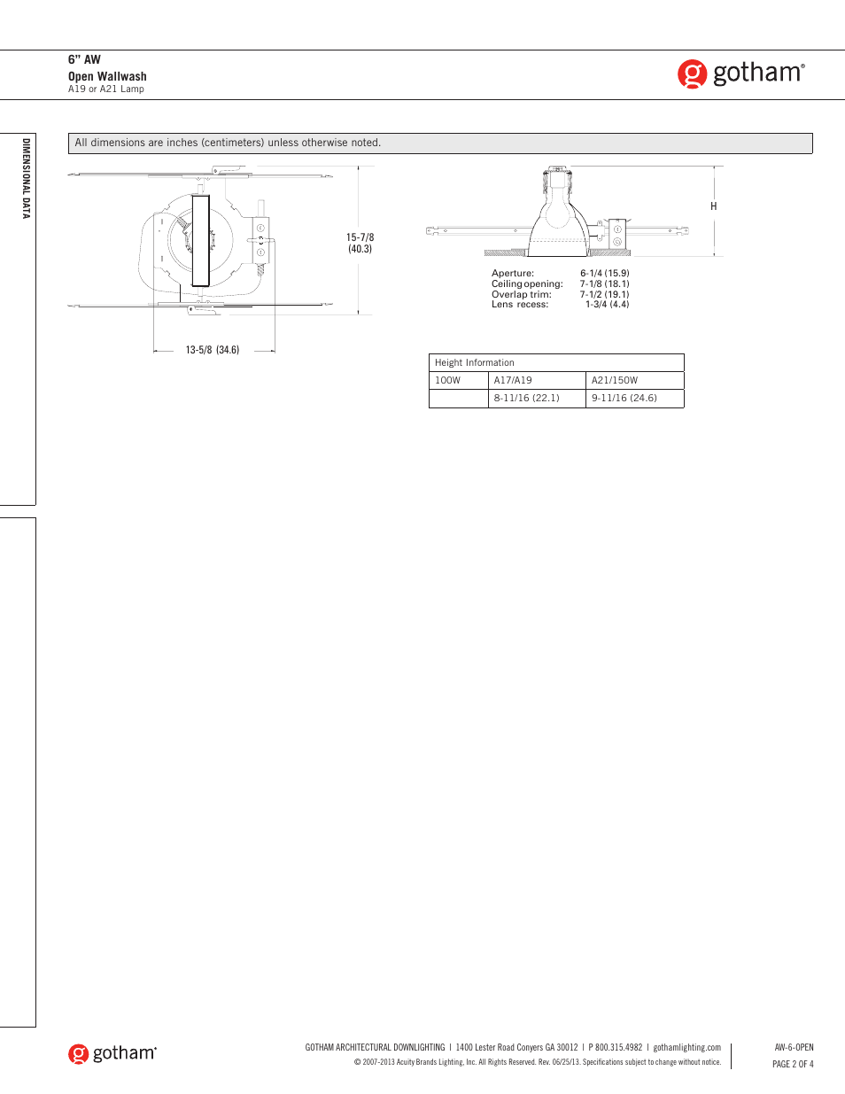 6” aw open wallwash | Gotham 6 AW Open Wallwash SpecSheet User Manual | Page 2 / 4