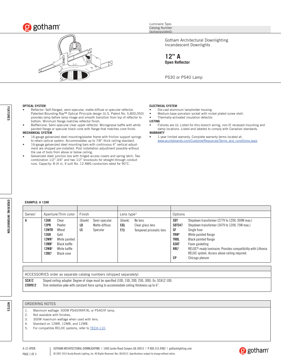 Gotham 12 A Open Reflector SpecSheet User Manual | 3 pages