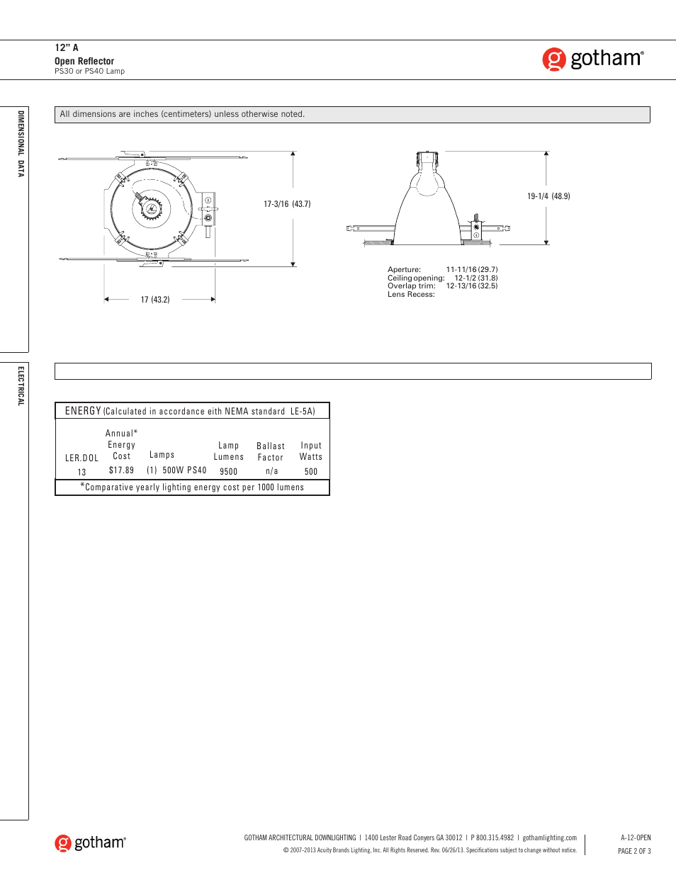 Energy | Gotham 12 A Open Reflector SpecSheet User Manual | Page 2 / 3