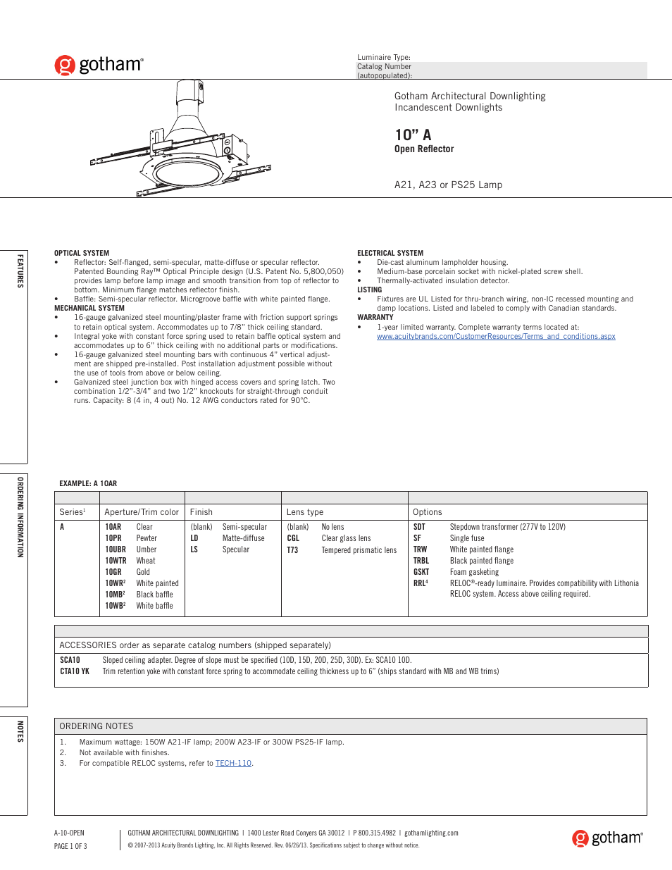 Gotham 10 A Open Reflector SpecSheet User Manual | 3 pages