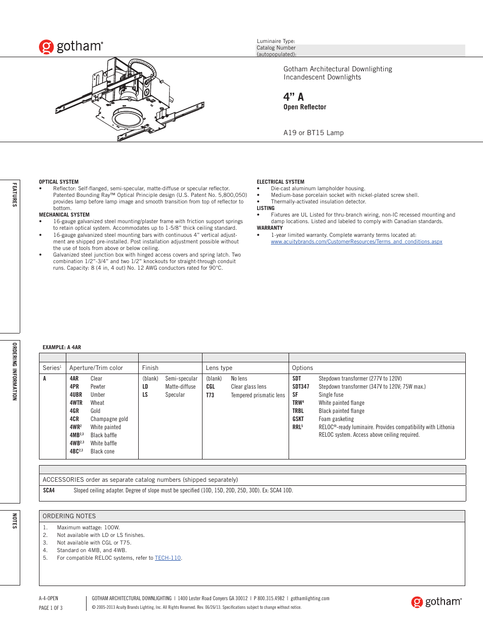 Gotham 4 A Open Reflector SpecSheet User Manual | 3 pages