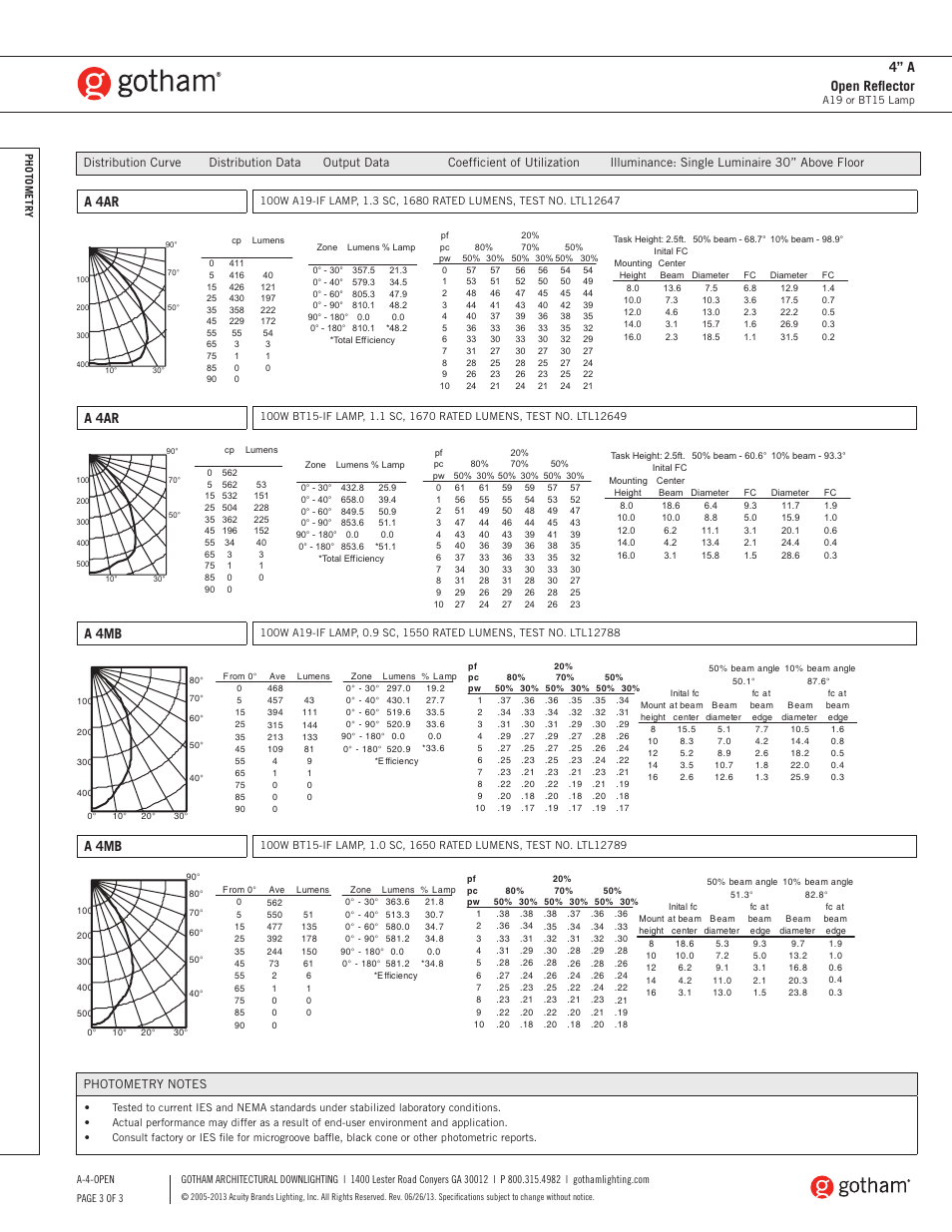 A 4ar, A 4mb, 4” a open reflector | Gotham 4 A Open Reflector SpecSheet User Manual | Page 3 / 3