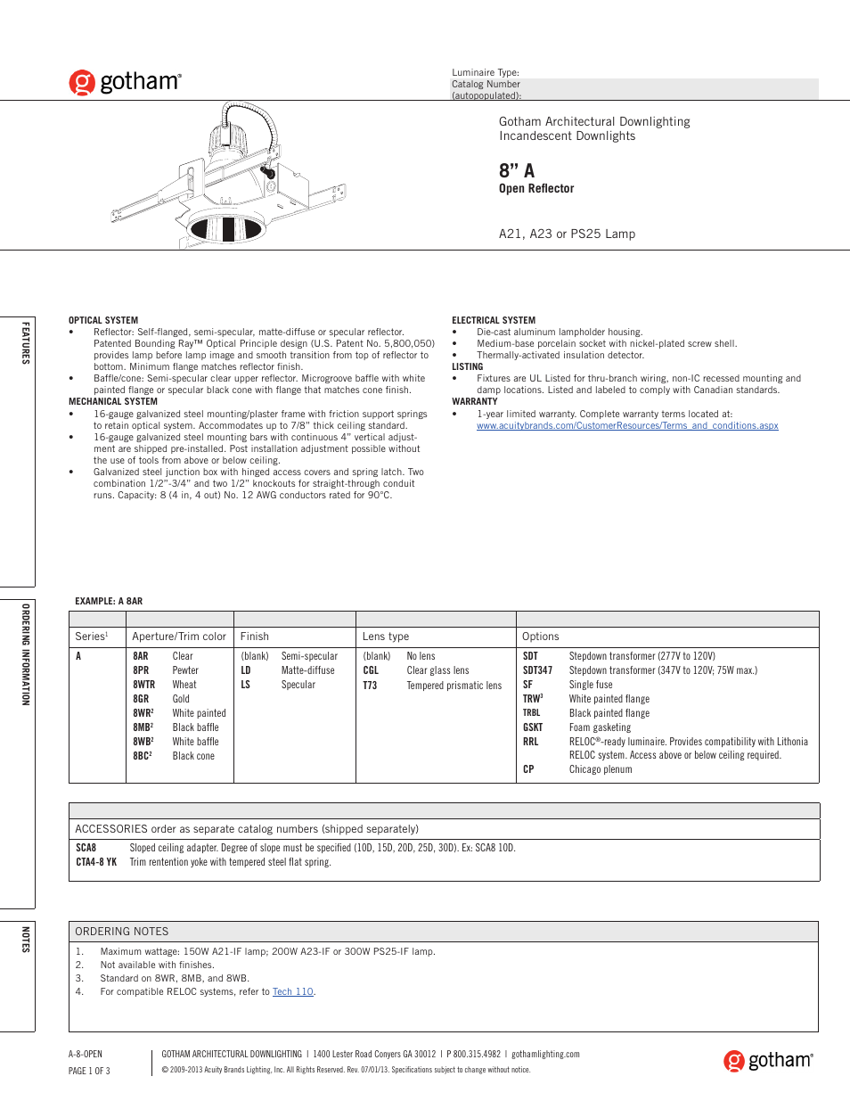 Gotham 8 A Open Reflector SpecSheet User Manual | 3 pages