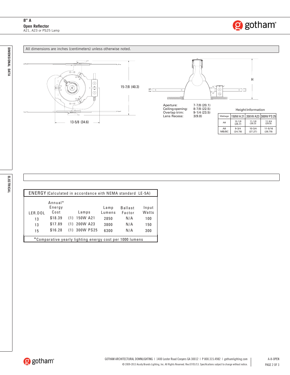 Energy, 8” a open reflector, Calculated in accordance eith nema standard le-5a) | Gotham 8 A Open Reflector SpecSheet User Manual | Page 2 / 3