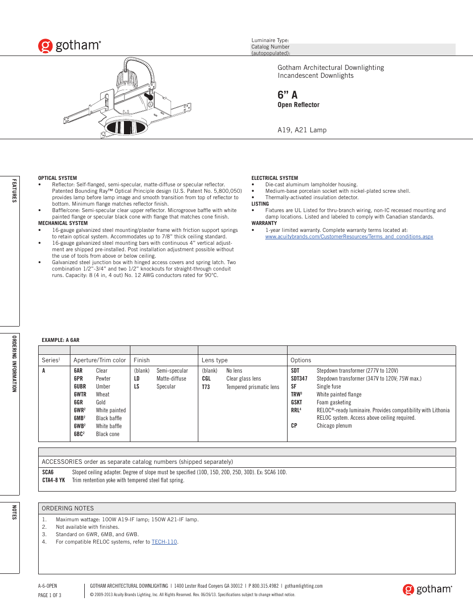 Gotham 6 A Open Reflector SpecSheet User Manual | 3 pages