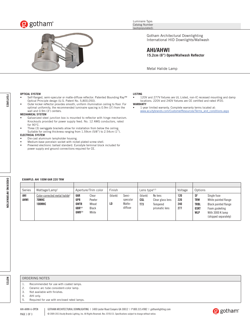 Gotham AHI_AHWI 15.2cm (6) Open_Wallwash Reflector SpecSheet User Manual | 3 pages