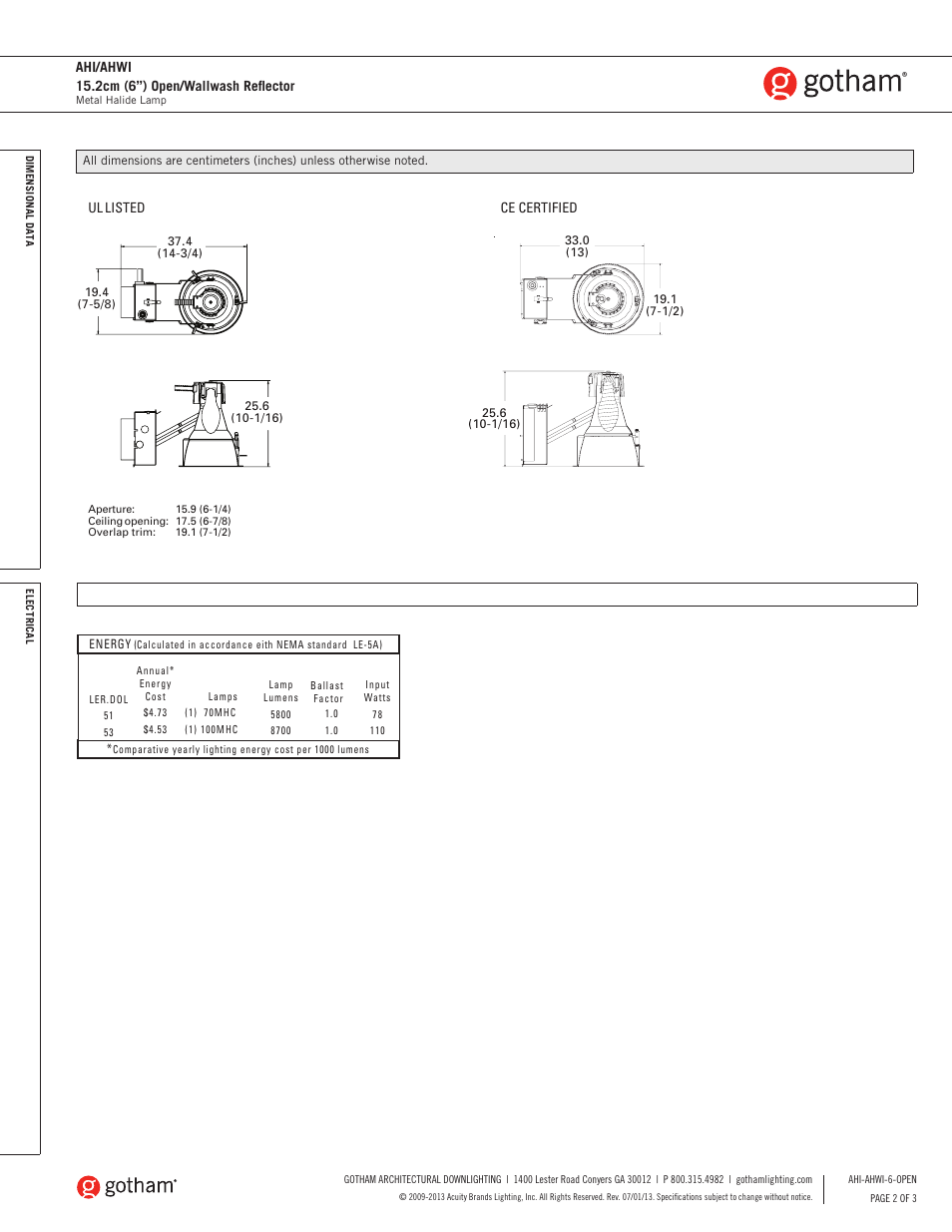 Gotham AHI_AHWI 15.2cm (6) Open_Wallwash Reflector SpecSheet User Manual | Page 2 / 3