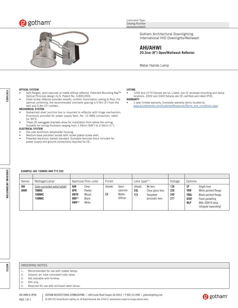 Gotham AHI_AHWI 20.3cm (8) Open_Wallwash Reflector SpecSheet User Manual | 3 pages