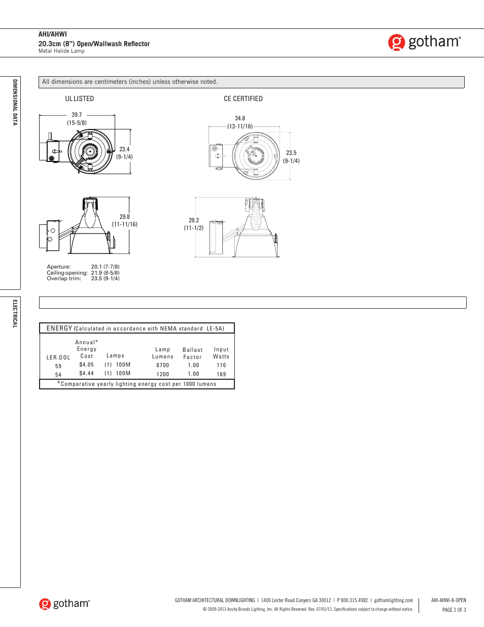 Gotham AHI_AHWI 20.3cm (8) Open_Wallwash Reflector SpecSheet User Manual | Page 2 / 3
