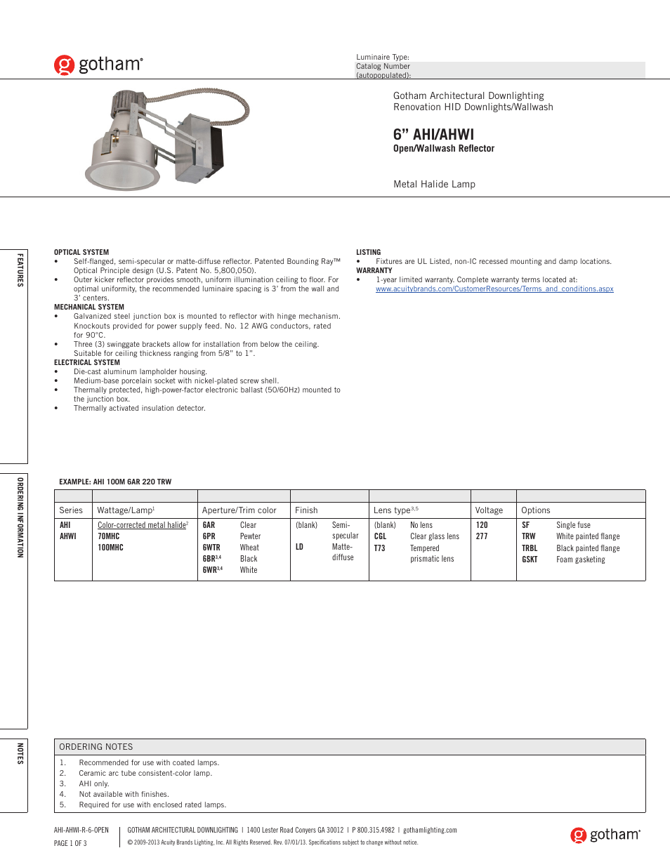 Gotham 6 AHI_AHWI Open_Wallwash Reflector SpecSheet User Manual | 3 pages